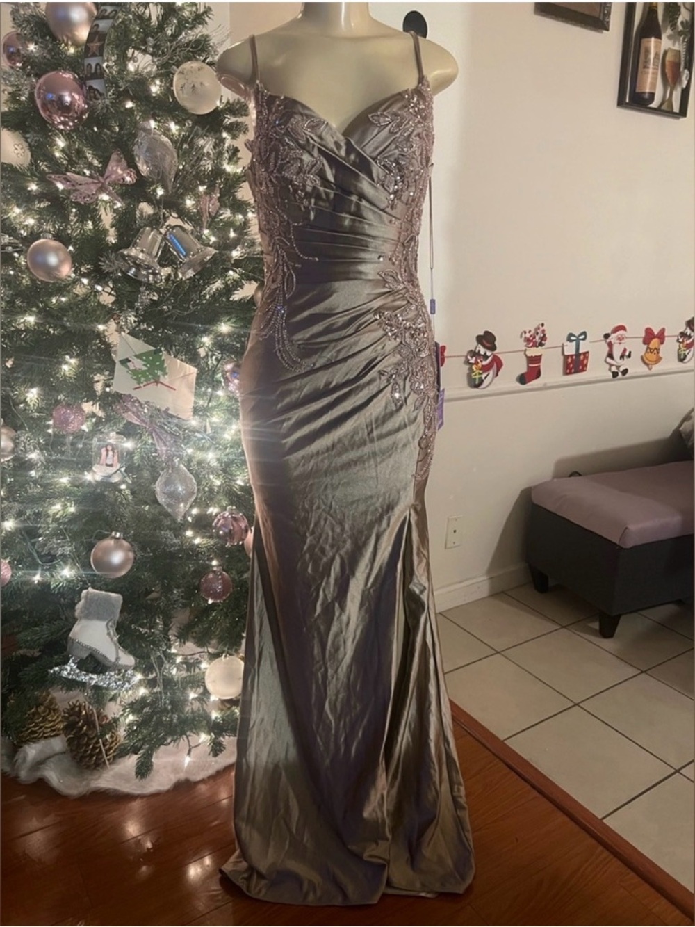 Cinderella Mauve Beaded Spaghetti-Strap Prom Gown